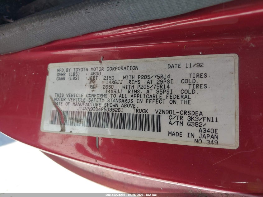1993 Toyota Pickup VIN JT4VN93D4P5035261 IAAI salvage auction — NORMAL WEAR, Clear - Dealer Only (California), sold $1,000 on 2026-07-06 (photo 9)