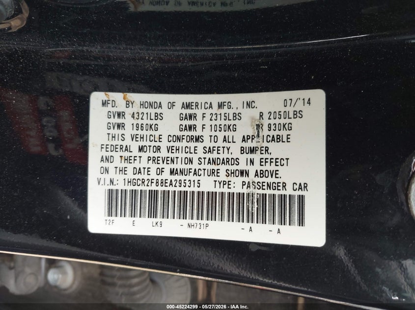 2014 Honda Accord VIN 1HGCR2F88EA295315 IAAI salvage auction — REAR END, Salvage Title, sold $2,150 on 2026-07-22 (photo 9)