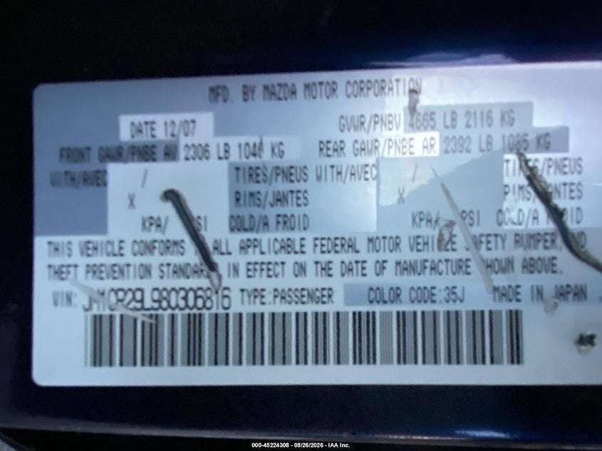 2008 Mazda 5 VIN JM1CR29L980306816 IAAI salvage auction — NORMAL WEAR, Clear - Dealer Only (California), sold $1,700 on 2026-08-27 (photo 9)
