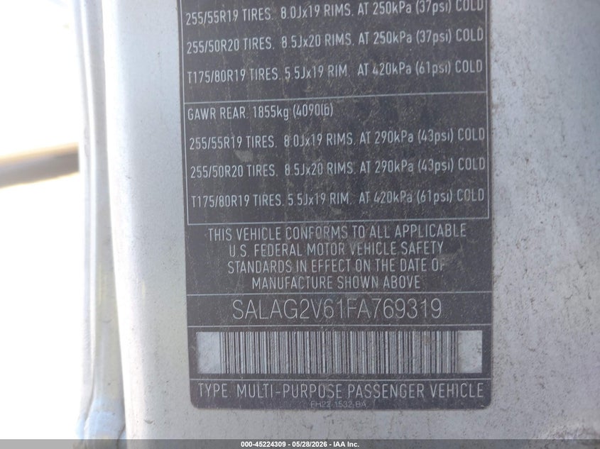 2015 Land rover Lr4 VIN SALAG2V61FA769319 IAAI salvage auction — NORMAL WEAR, Salvage (Texas), sold $1,100 on 2026-07-17 (photo 9)