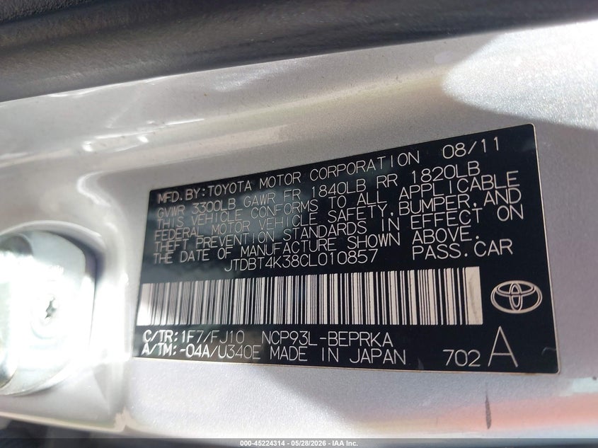 2012 Toyota Yaris VIN JTDBT4K38CL010857 IAAI salvage auction — REAR END, Salvage Title, sold $1,450 on 2026-07-09 (photo 9)