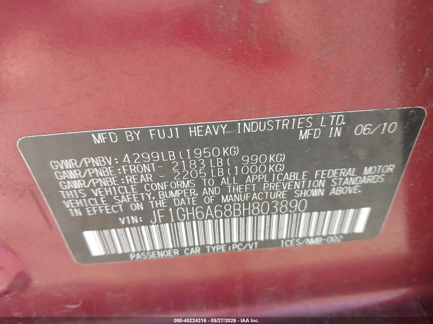 2011 Subaru Impreza VIN JF1GH6A68BH803890 IAAI salvage auction — LEFT FRONT, Salvage (Iowa), sold $500 on 2026-07-07 (photo 9)
