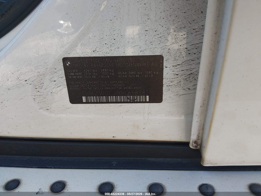 2011 BMW X5 VIN 5UXZW0C50BL658382 IAAI salvage auction — FRONT END, Salvage - Greater Than 75% (Maryland), sold $425 on 2026-07-13 (photo 9)