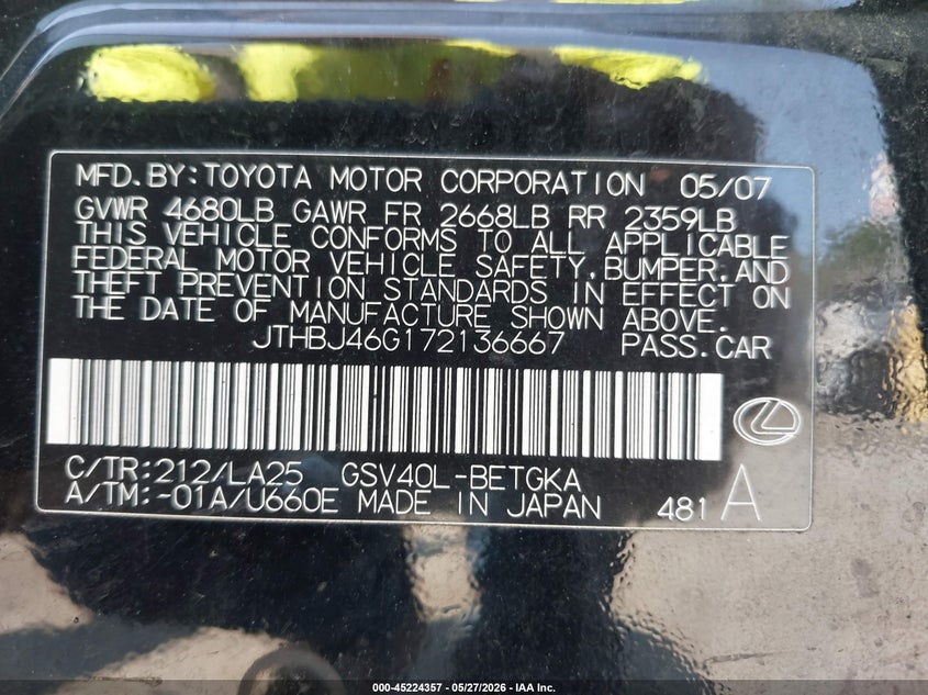 2007 Lexus ES VIN JTHBJ46G172136667 IAAI salvage auction — INTERIOR BURN, Salvage (Indiana), sold $825 on 2026-07-07 (photo 9)