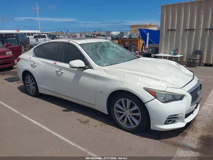 2015 Infiniti Q50 VIN JN1BV7AP9FM351945 IAAI salvage auction — FRONT END, Salvage Title, sold $100 on 2026-07-28 (photo 1)
