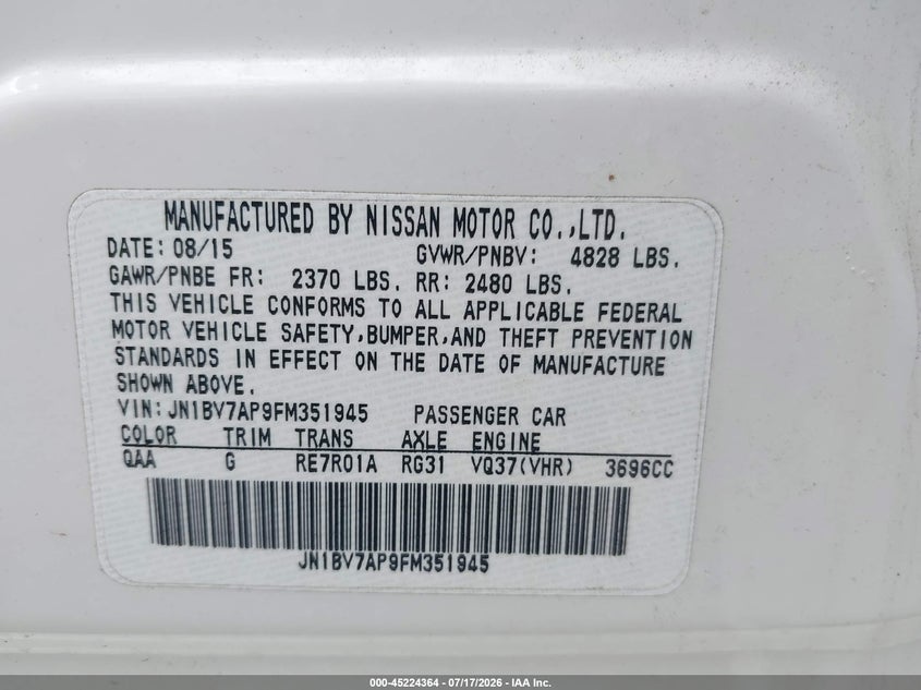 2015 Infiniti Q50 VIN JN1BV7AP9FM351945 IAAI salvage auction — FRONT END, Salvage Title, sold $100 on 2026-07-28 (photo 9)