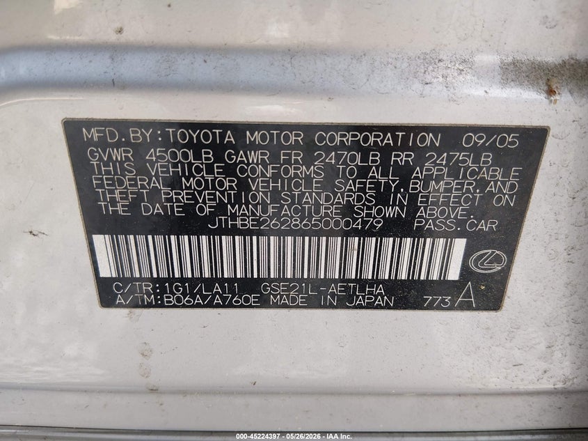2006 Lexus Is 350 VIN JTHBE262865000479 IAAI salvage auction — NORMAL WEAR, Clear (South Carolina), sold $375 on 2026-07-14 (photo 9)