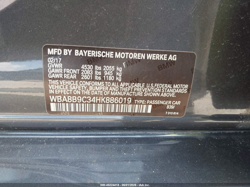 2017 BMW 3er VIN WBA8B9C34HK886019 IAAI salvage auction — FRONT END, Salvage Title, sold $3,150 on 2026-08-05 (photo 9)