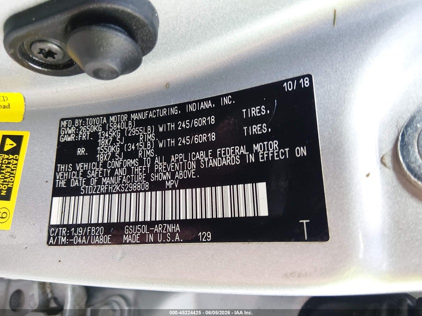 2019 Toyota Highlander VIN 5TDZZRFH2KS298808 IAAI salvage auction — FRONT END, Salvage (Louisiana), sold $5,500 on 2026-07-22 (photo 9)