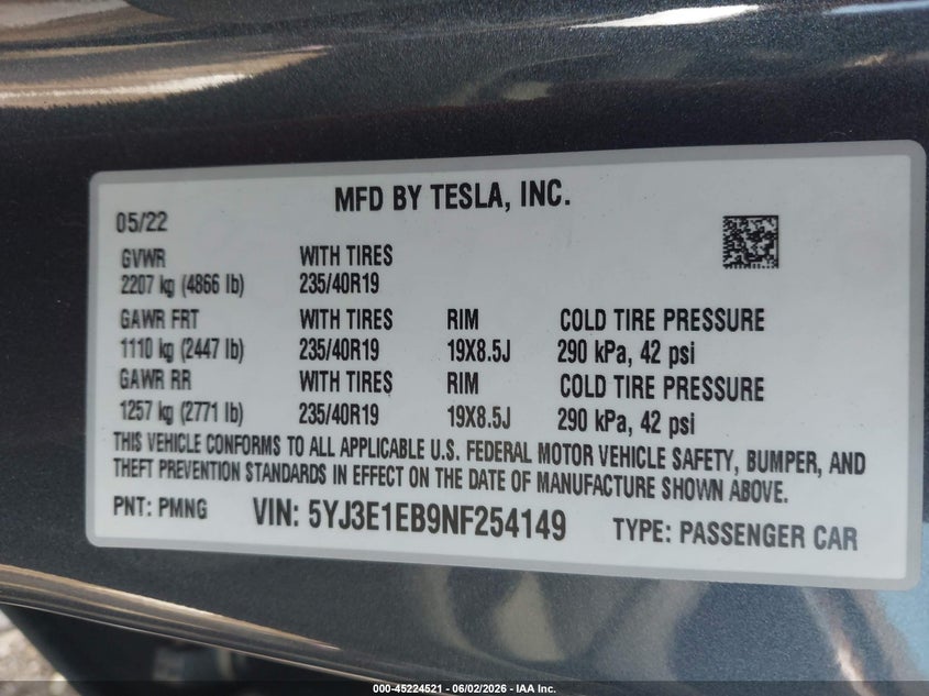 2022 Tesla Model 3 VIN 5YJ3E1EB9NF254149 IAAI salvage auction — RIGHT SIDE, Salvage Title, sold $9,350 on 2026-07-09 (photo 9)