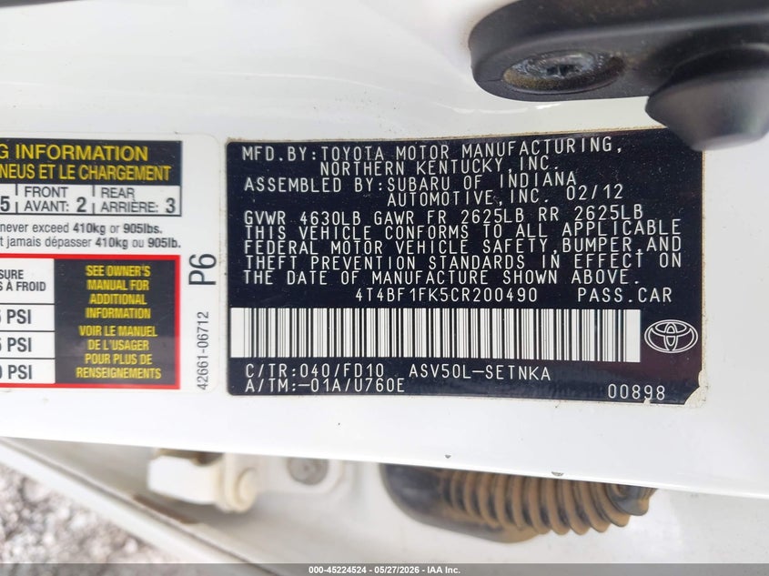2012 Toyota Camry VIN 4T4BF1FK5CR200490 IAAI salvage auction — FRONT END, Salvage (South Carolina), sold $1,000 on 2026-07-23 (photo 9)