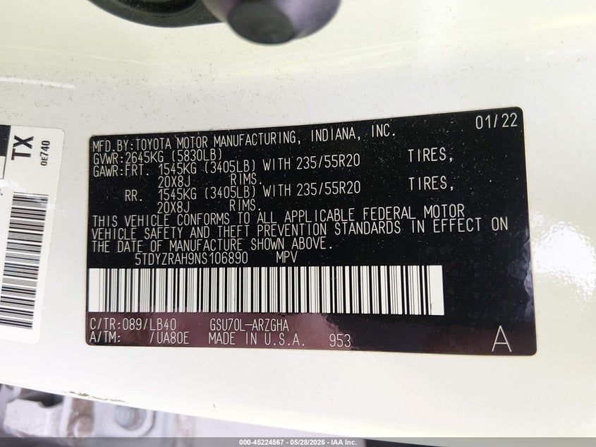 2022 Toyota Highlander VIN 5TDYZRAH9NS106890 IAAI salvage auction — FRONT END, Salvage (Arkansas), sold $21,500 on 2026-07-16 (photo 9)