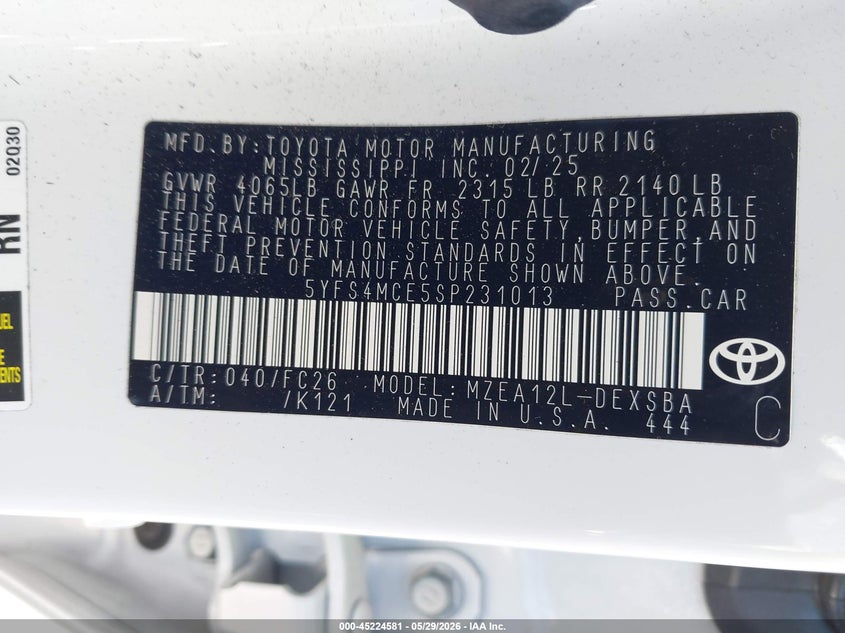 2025 Toyota Corolla VIN 5YFS4MCE5SP231013 IAAI salvage auction — FRONT END, Salvage Title, sold $8,400 on 2026-07-30 (photo 9)