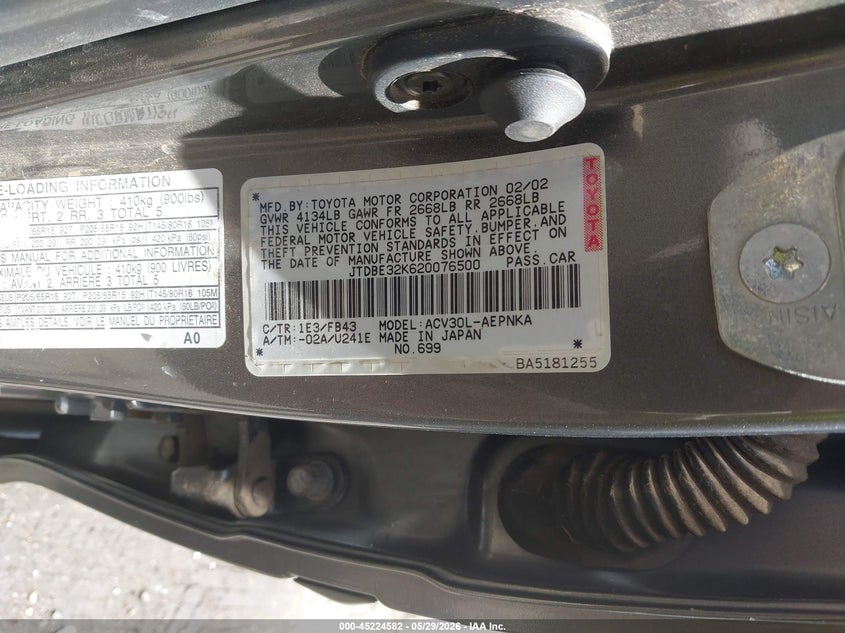 2002 Toyota Camry VIN JTDBE32K620076500 IAAI salvage auction — FRONT END, Salvage (New Mexico), sold $225 on 2026-07-06 (photo 9)