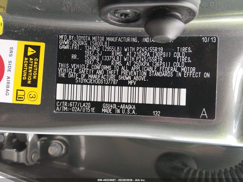 2013 Toyota Highlander VIN 5TDYK3EH3DS137787 IAAI salvage auction — LEFT SIDE, Salvage (Missouri), sold $5,550 on 2026-07-16 (photo 9)