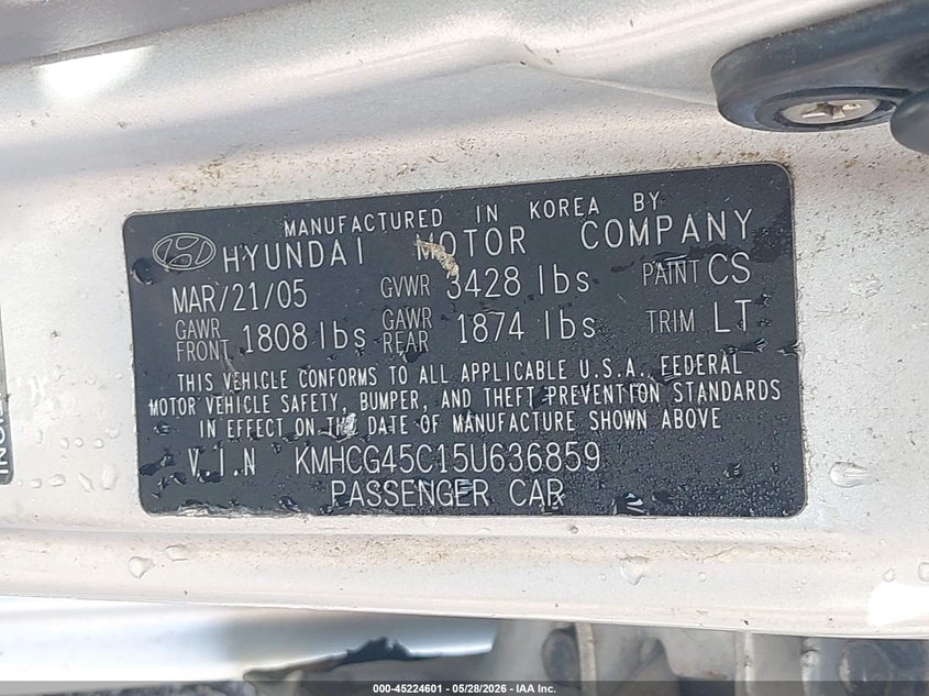 2005 Hyundai Accent VIN KMHCG45C15U636859 IAAI salvage auction — RIGHT SIDE, Clear (Indiana), sold $225 on 2026-07-09 (photo 9)