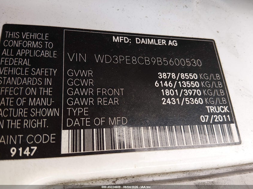 2011 Mercedes-benz Sprinter VIN WD3PE8CB9B5600530 IAAI salvage auction — LEFT SIDE, Salvage (Alabama), sold $475 on 2026-07-06 (photo 9)