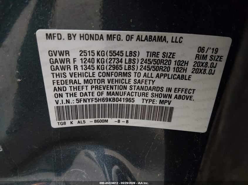 2019 Honda Pilot VIN 5FNYF5H69KB041965 IAAI salvage auction — SIDE, Salvage Title, sold $7,500 on 2026-07-05 (photo 9)