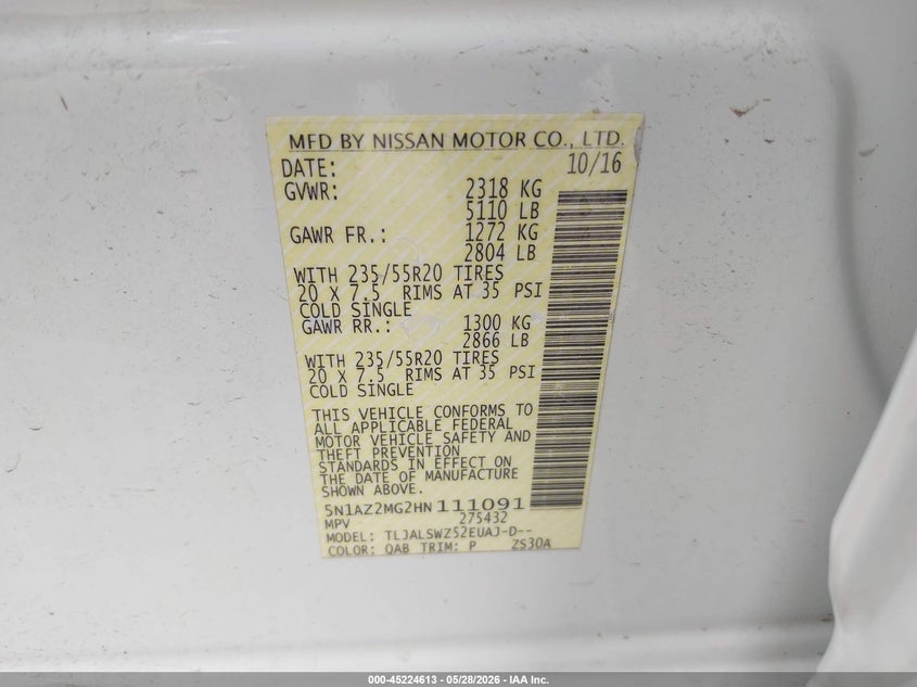2017 Nissan Murano VIN 5N1AZ2MG2HN111091 IAAI salvage auction — RIGHT FRONT, Original (Texas), sold $4,750 on 2026-07-05 (photo 9)