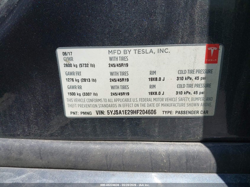 2017 Tesla Model s VIN 5YJSA1E29HF204606 IAAI salvage auction — UNKNOWN, Salvage (North Carolina), sold $6,000 on 2026-07-09 (photo 9)