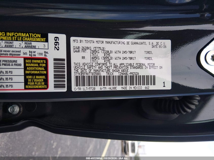 2026 Toyota Tacoma VIN 3TYKB5FNXTT035881 IAAI salvage auction — FRONT END, Rebuildable (Florida), sold $14,400 on 2026-07-16 (photo 9)