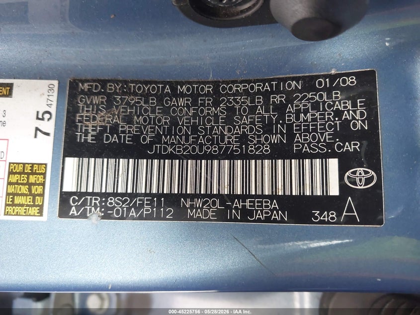 2008 Toyota Prius VIN JTDKB20U987751828 IAAI salvage auction — RIGHT FRONT, Salvage (California), sold $550 on 2026-07-30 (photo 9)