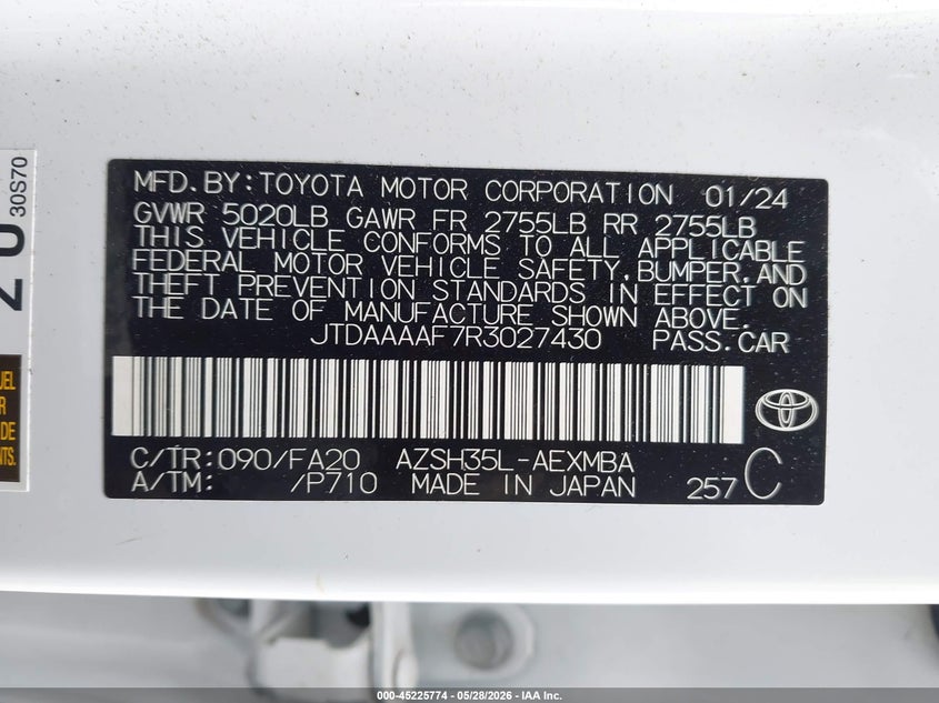 2024 Toyota Crown VIN JTDAAAAF7R3027430 IAAI salvage auction — FRONT END, Salvage (Texas), sold $5,550 on 2026-07-28 (photo 9)
