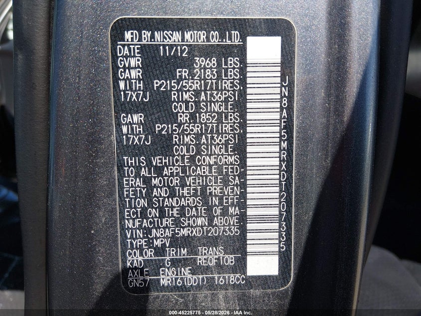 2013 Nissan Juke VIN JN8AF5MRXDT207335 IAAI salvage auction — STORM DAMAGE, Salvage Title, sold $25 on 2026-07-21 (photo 9)