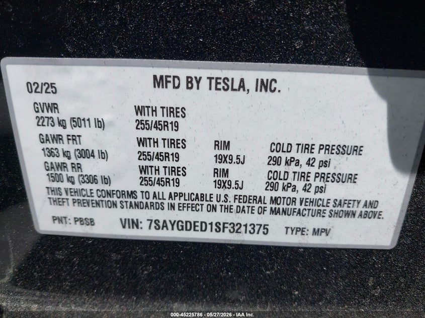 2025 Tesla Model y VIN 7SAYGDED1SF321375 IAAI salvage auction — LEFT FRONT, Salvage Certificate (California), sold $12,825 on 2026-07-22 (photo 9)