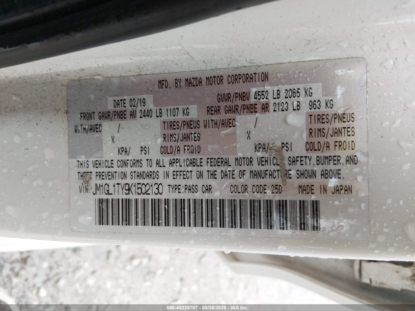 2019 Mazda 6 VIN JM1GL1TY9K1502130 IAAI salvage auction — HAIL, Salvage Title, sold $6,500 on 2026-07-06 (photo 9)