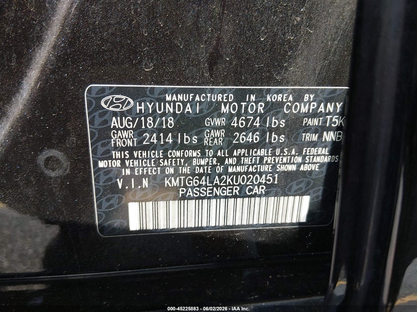 2019 Genesis G70 VIN KMTG64LA2KU020451 IAAI salvage auction — ALL OVER, Salvage Title, sold $2,250 on 2026-07-15 (photo 9)