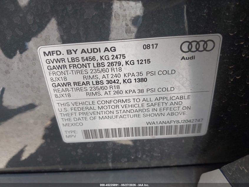 2018 Audi Q5 VIN WA1ANAFY8J2042747 IAAI salvage auction — REAR END, Salvage (Arizona), sold $5,500 on 2026-07-28 (photo 9)