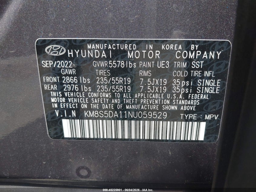 2022 Hyundai Santa fe VIN KM8S5DA11NU059529 IAAI salvage auction — RIGHT SIDE, Salvage Title, sold $14,725 on 2026-07-09 (photo 9)