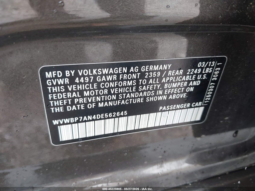 2013 Volkswagen VIN WVWBP7AN4DE562645 IAAI salvage auction — SIDE, Original (Texas), sold $500 on 2026-07-16 (photo 9)