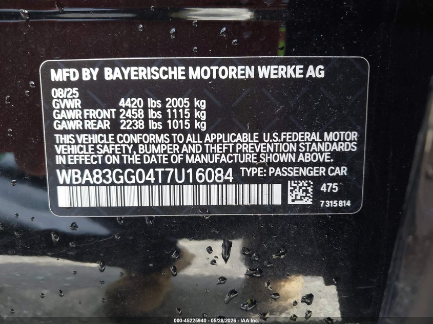 2026 BMW 2er VIN WBA83GG04T7U16084 IAAI salvage auction — FRONT END, Certificate Of Destruction (Florida), sold $10,400 on 2026-07-30 (photo 9)
