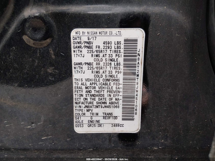 2018 Nissan Rogue VIN JN8AT2MT9JW451068 IAAI salvage auction — LEFT & RIGHT, Salvage (South Carolina), sold $650 on 2026-07-15 (photo 9)