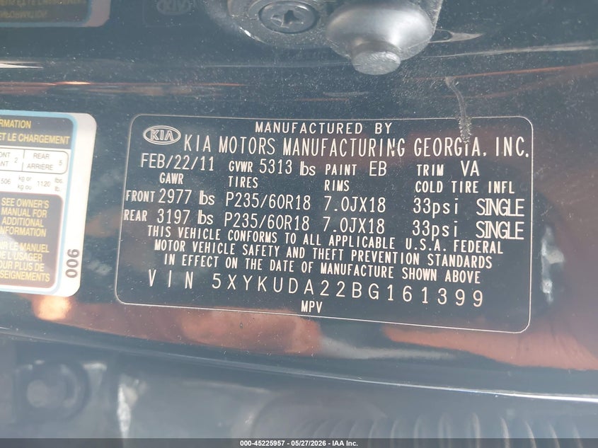 2011 Kia Sorento VIN 5XYKUDA22BG161399 IAAI salvage auction — REAR END, Salvage (Pennsylvania), sold $1,750 on 2026-07-07 (photo 9)