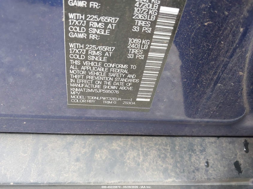 2018 Nissan Rogue VIN KNMAT2MV5JP595076 IAAI salvage auction — HAIL, Original (Texas), sold $4,650 on 2026-07-14 (photo 9)