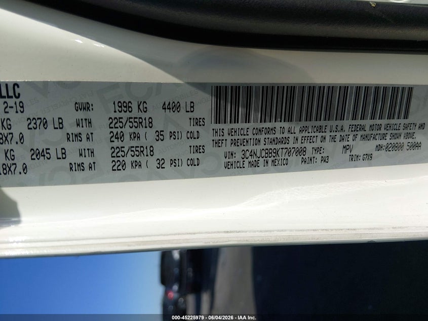 2019 Jeep Compass VIN 3C4NJCBB9KT707008 IAAI salvage auction — RIGHT FRONT, Salvage Title, sold $2,350 on 2026-07-10 (photo 9)