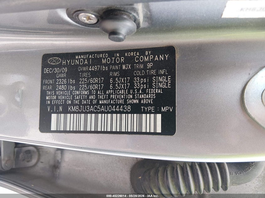2010 Hyundai Tucson VIN KM8JU3AC5AU044438 IAAI salvage auction — LEFT FRONT, Salvage (Illinois), sold $1,475 on 2026-07-08 (photo 9)