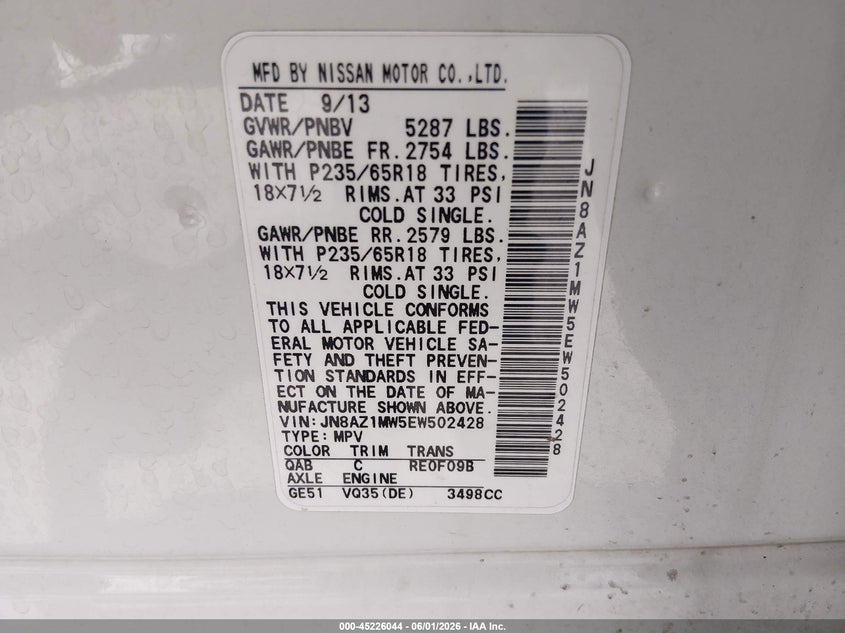 2014 Nissan Murano VIN JN8AZ1MW5EW502428 IAAI salvage auction — FRONT END, Salvage Title, sold $725 on 2026-07-07 (photo 9)