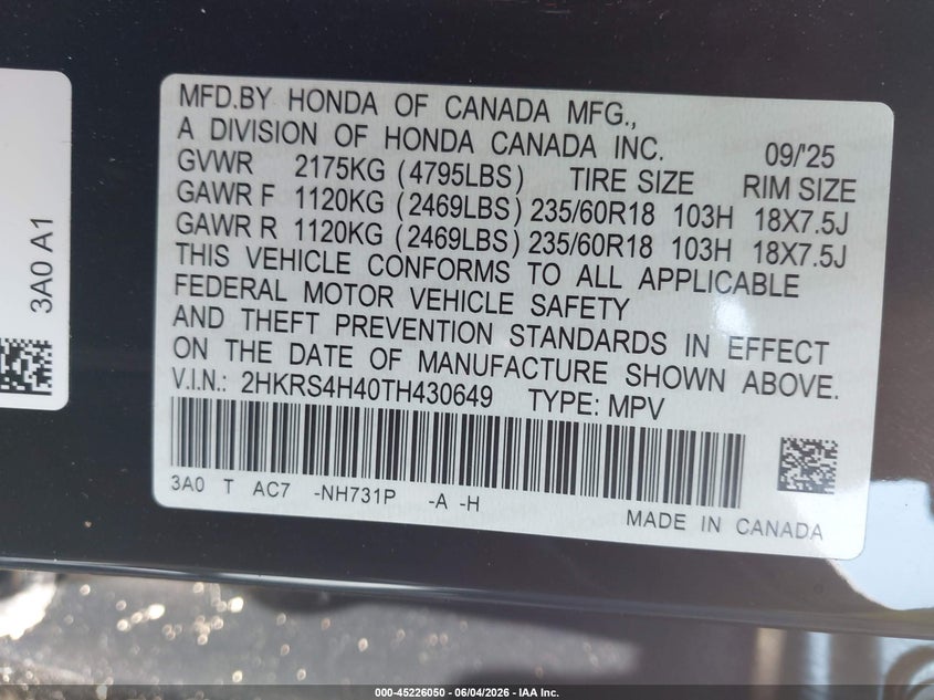 2026 Honda Cr-v VIN 2HKRS4H40TH430649 IAAI salvage auction — LEFT FRONT, Salvage Title, sold $7,300 on 2026-07-09 (photo 9)