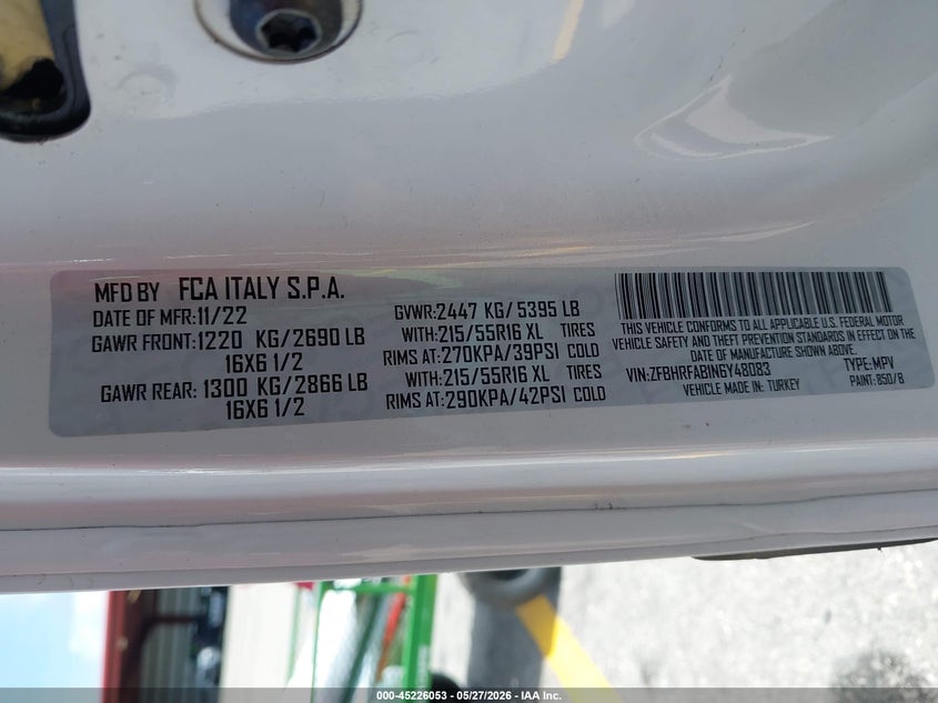 2022 Ram Promaster city VIN ZFBHRFAB1N6Y48083 IAAI salvage auction — REAR END, Rebuildable (Florida), sold $4,850 on 2026-07-13 (photo 9)