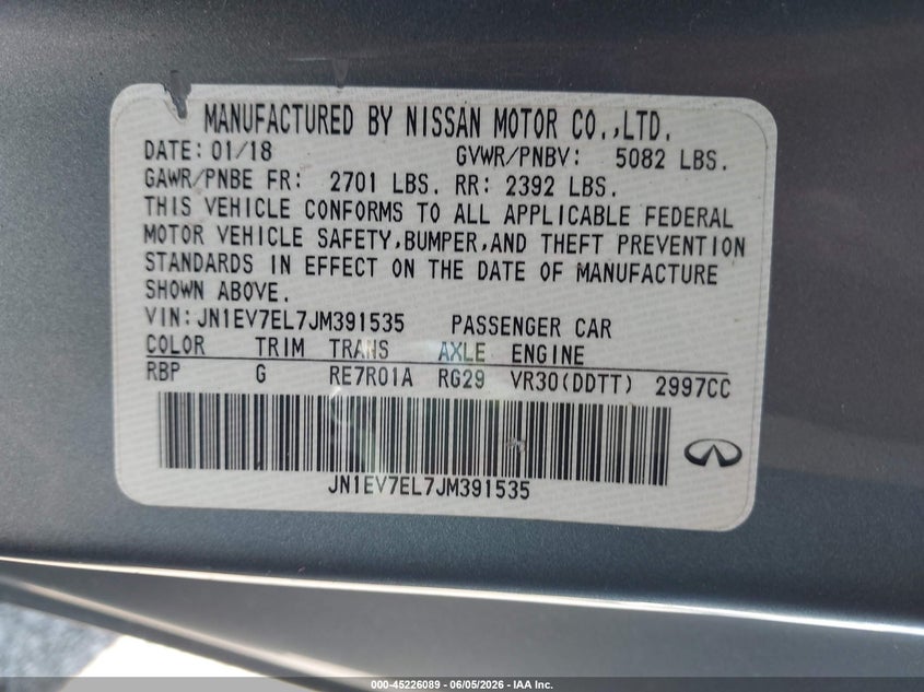 2018 Infiniti Q60 VIN JN1EV7EL7JM391535 IAAI salvage auction — FRONT & REAR, Salvage (South Carolina), sold $2,600 on 2026-08-26 (photo 9)