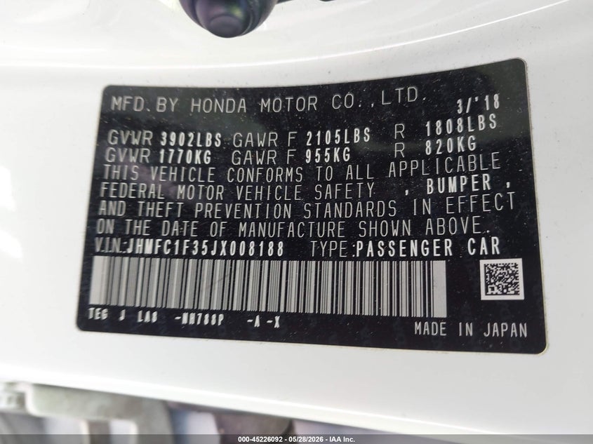 2018 Honda Civic VIN JHMFC1F35JX008188 IAAI salvage auction — REAR END, Salvage Certificate (California), sold $3,550 on 2026-07-10 (photo 9)