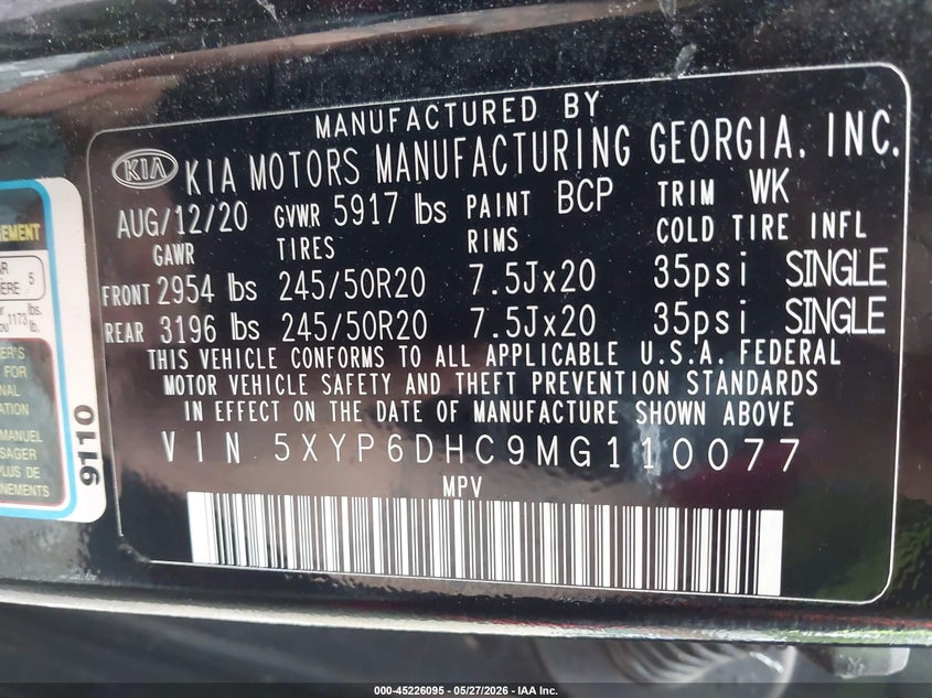 2021 Kia Telluride VIN 5XYP6DHC9MG110077 IAAI salvage auction — FRONT END, Salvage (Pennsylvania), sold $5,000 on 2026-07-14 (photo 9)