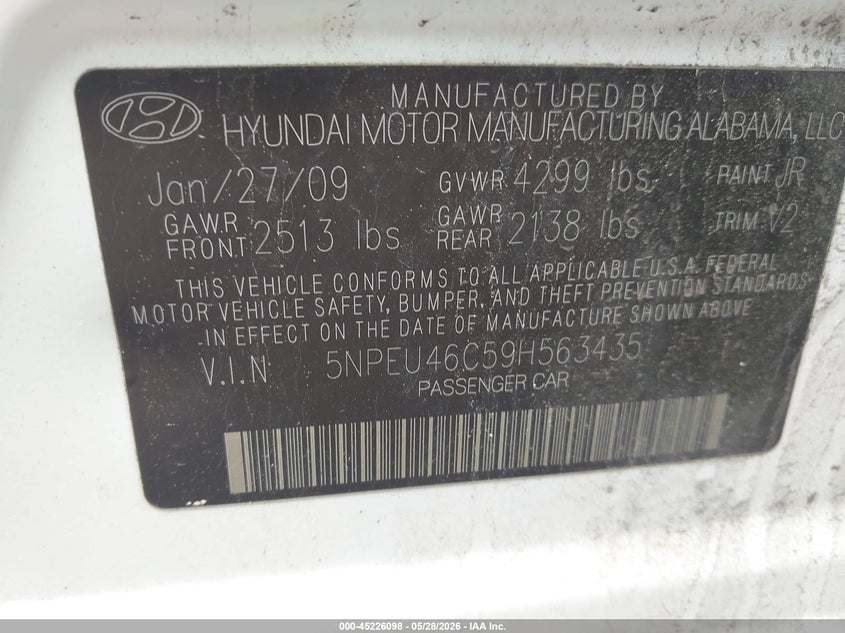 2009 Hyundai Sonata VIN 5NPEU46C59H563435 IAAI salvage auction — LEFT & RIGHT, Salvage (New Jersey), sold $575 on 2026-07-29 (photo 9)