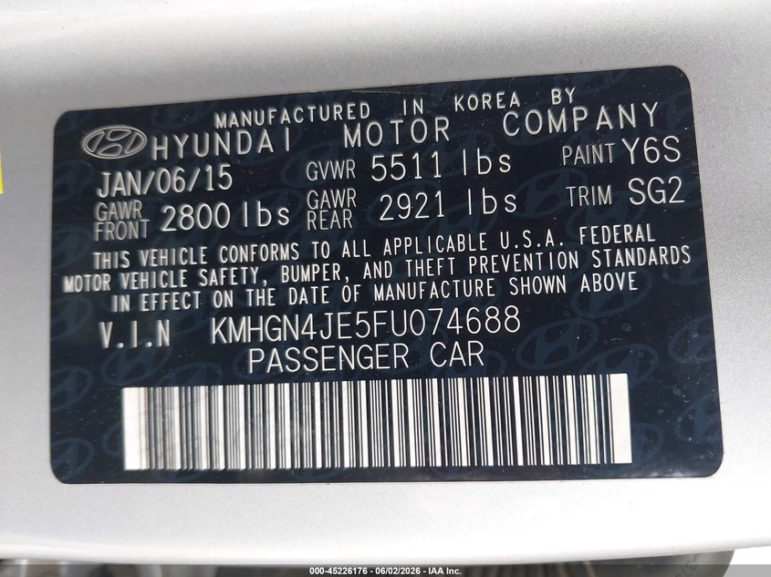 2015 Hyundai Genesis VIN KMHGN4JE5FU074688 IAAI salvage auction — FRONT END, Salvage Title, sold $1,350 on 2026-07-17 (photo 9)