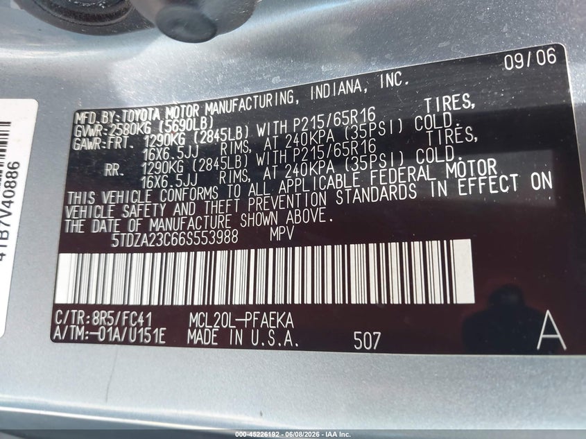 2006 Toyota Sienna VIN 5TDZA23C66S553988 IAAI salvage auction — FRONT END, Salvage (Idaho), sold $475 on 2026-07-23 (photo 9)