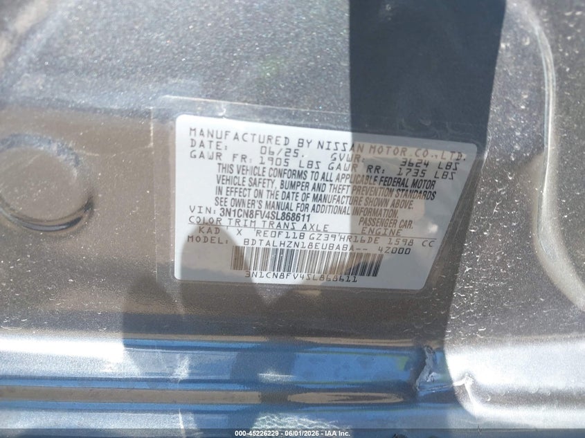2025 Nissan Versa VIN 3N1CN8FV4SL868611 IAAI salvage auction — FRONT END, Salvage Title, sold $1,050 on 2026-07-28 (photo 9)